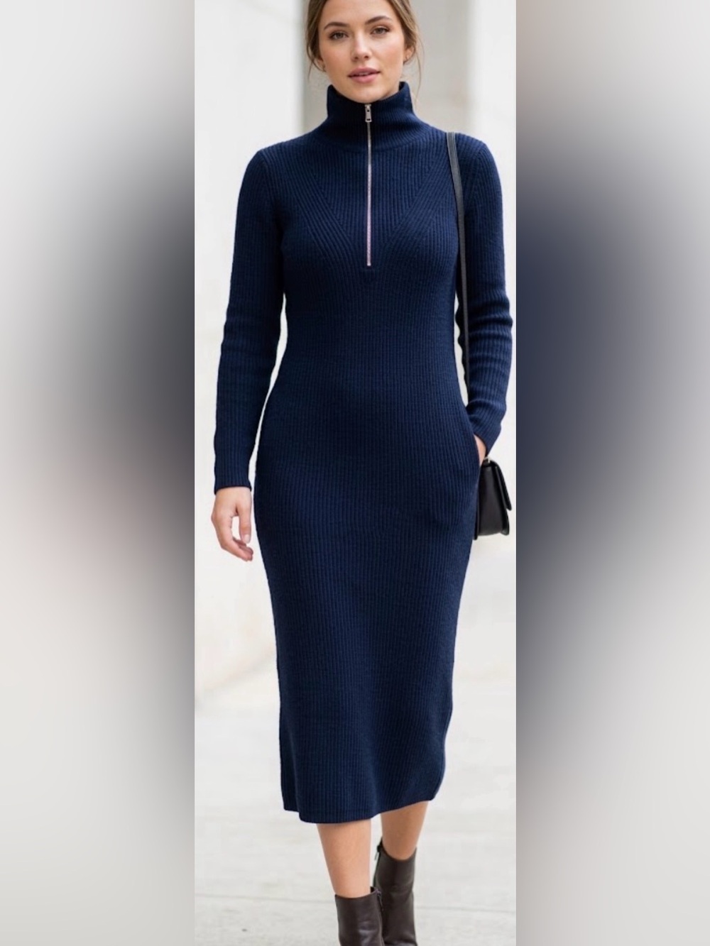 Lauren Ralph Lauren Navy Blue Ribbed Zip-Front Midi Dress Wool